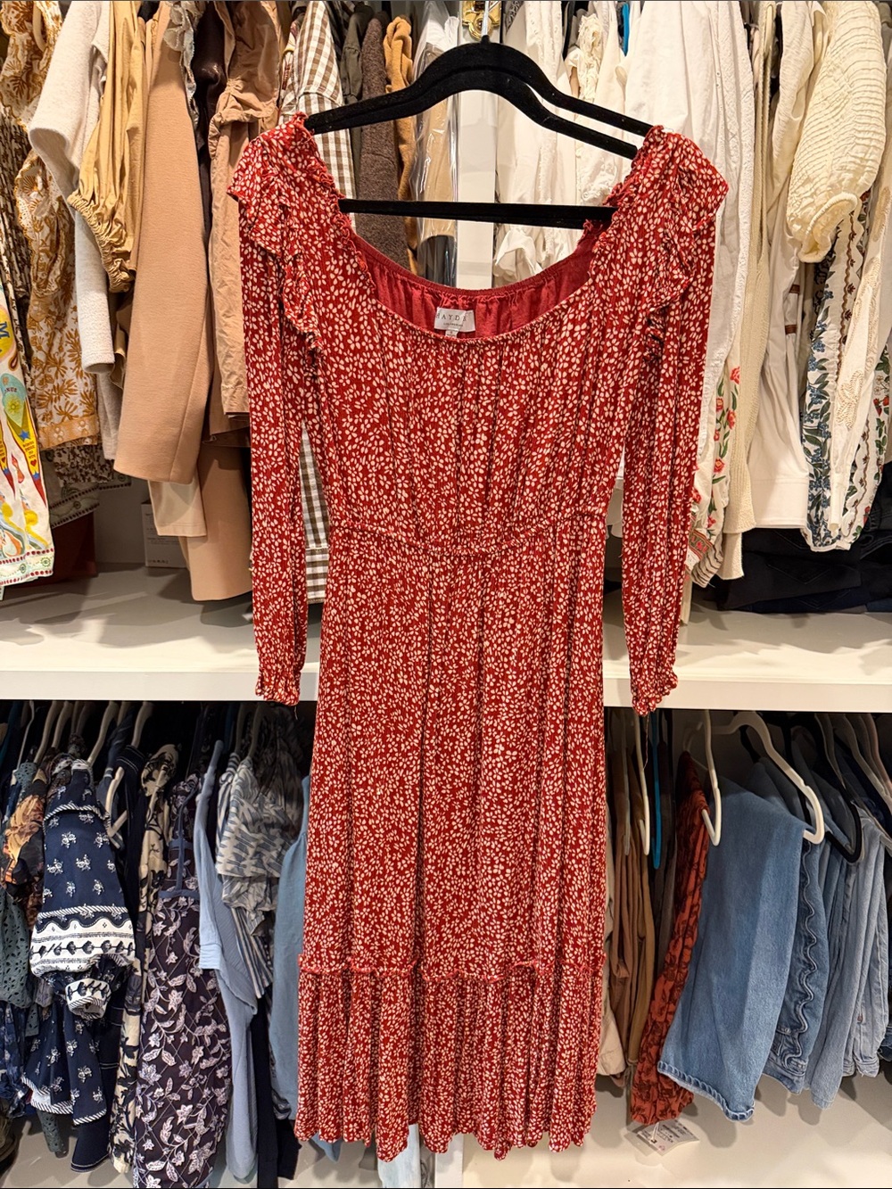 Hayden Red Floral Ruffle-Trim Midi Dress